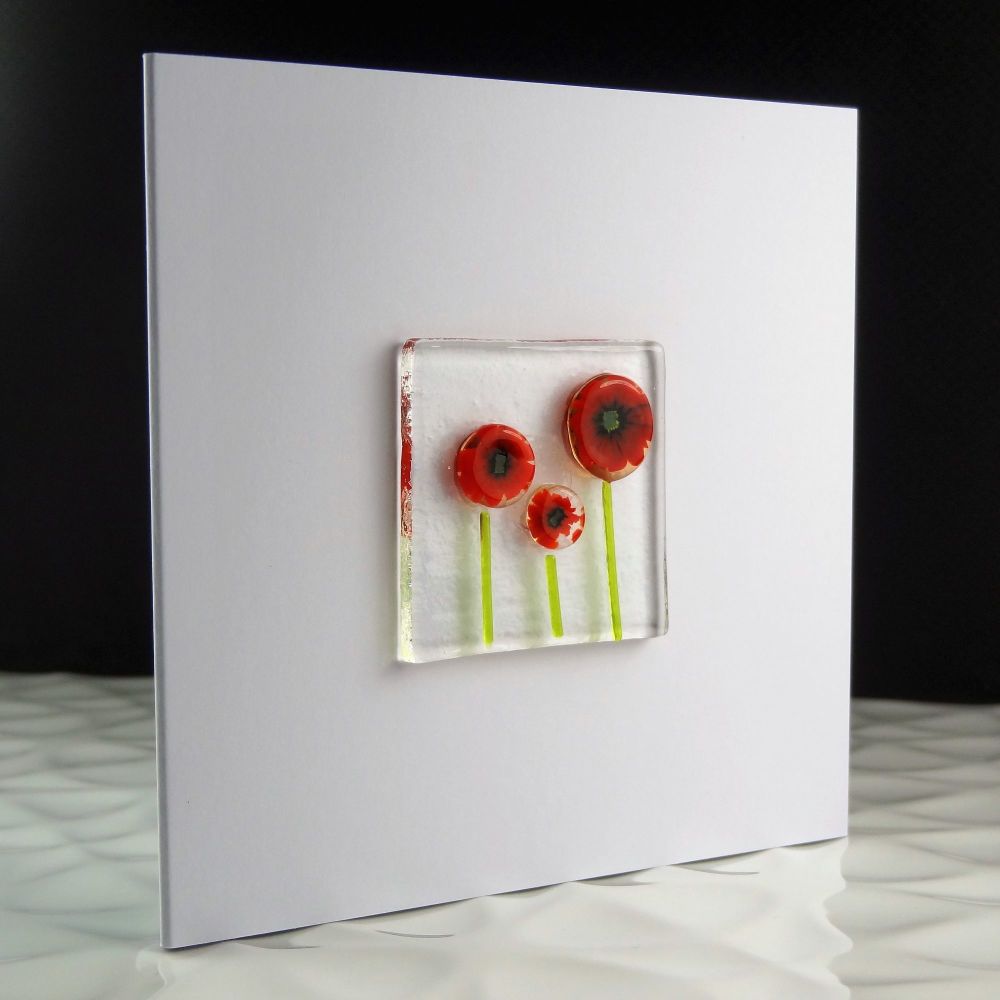 Handmade fused glass art greeting card, any occasion, birthday, red poppy flowers ~ 4x4 inch card, 1.5 inch (+/-) glass (#19)