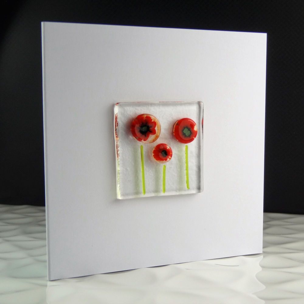 Handmade fused glass art greeting card, any occasion, birthday, red flowers