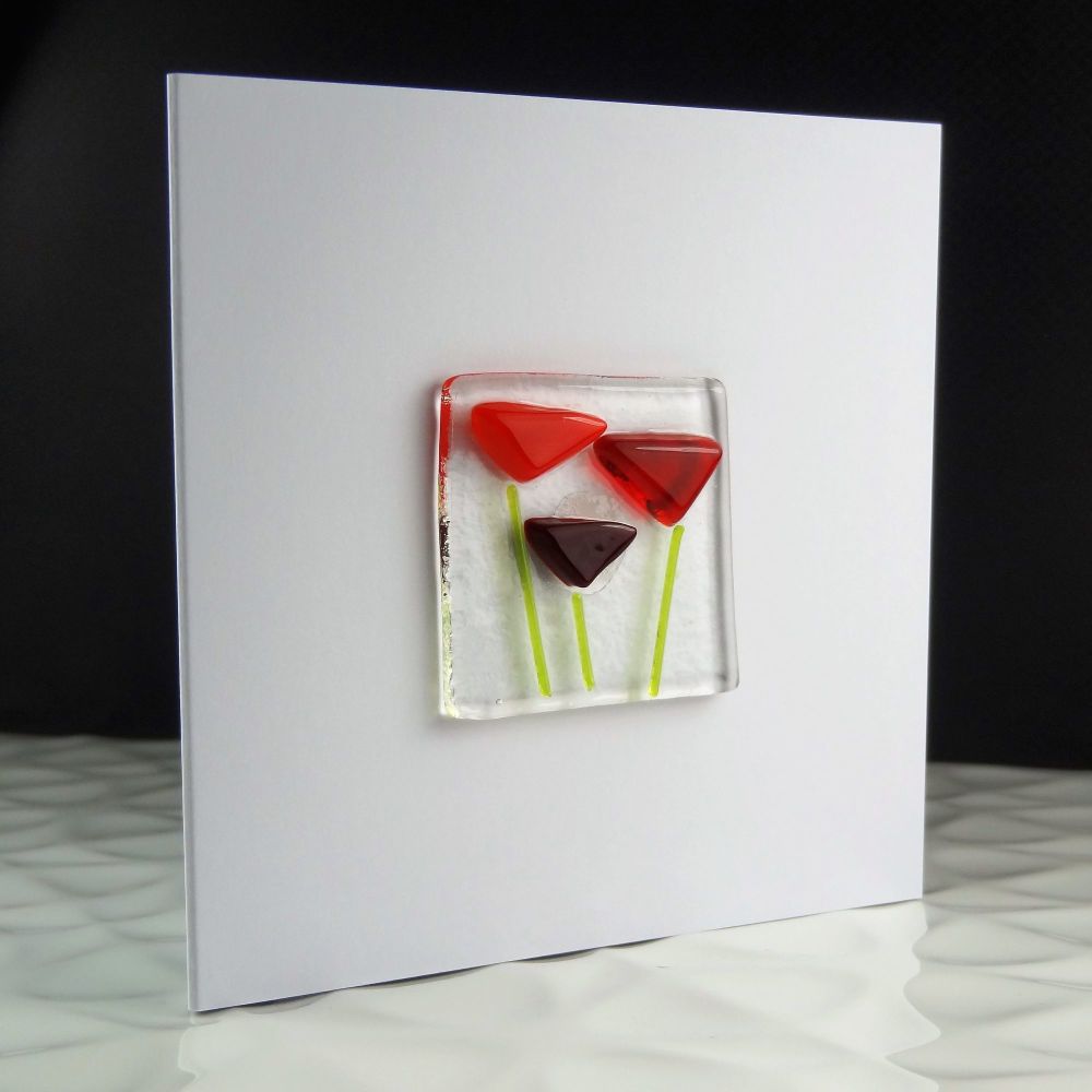 Handmade fused glass art greeting card, any occasion, birthday, red flowers, floral ~ 4x4 inch card, 1.5 inch (+/-) glass (#25)