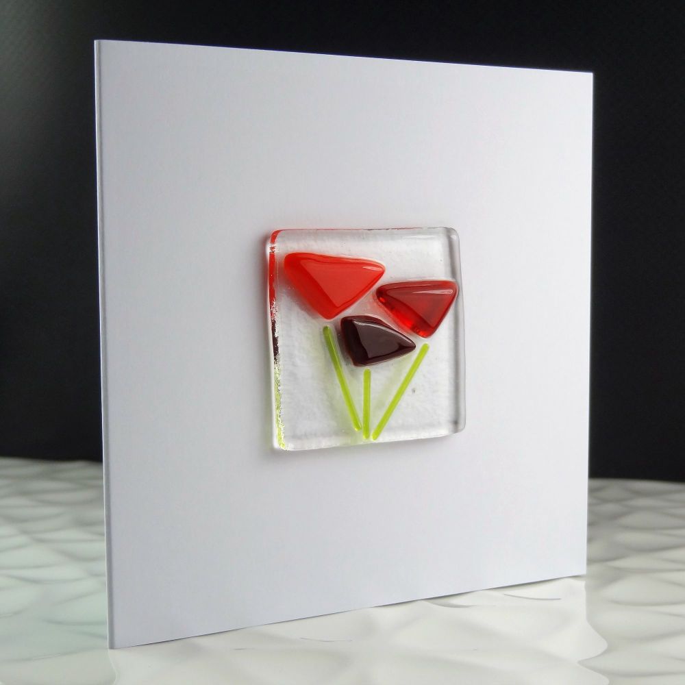 Handmade fused glass art greeting card, any occasion, birthday, red flowers, floral ~ 4x4 inch card, 1.5 inch (+/-) glass (#26)