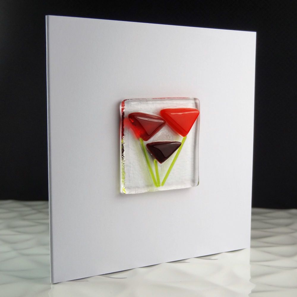 Handmade fused glass art greeting card, any occasion, birthday, red flowers