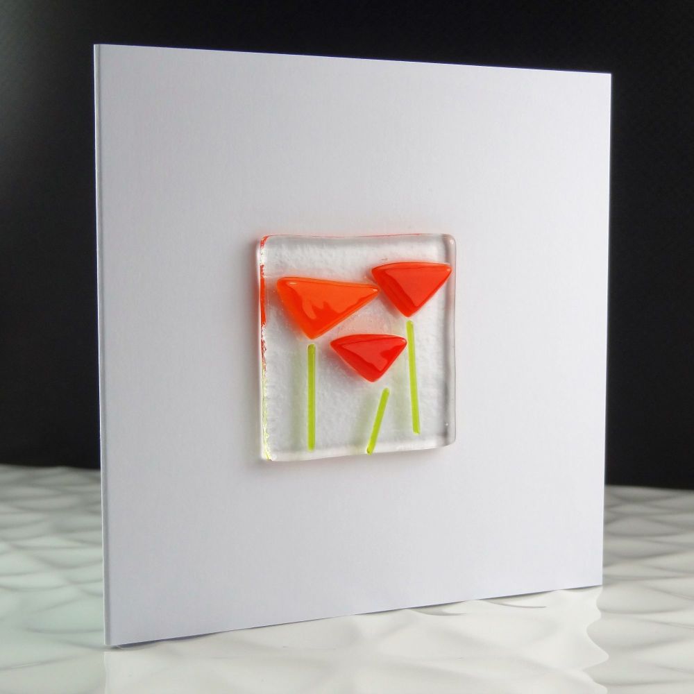 Handmade fused glass art greeting card any occasion birthday orange flowers