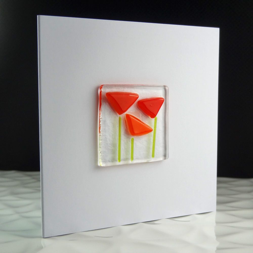 Handmade fused glass art greeting card, any occasion, birthday, orange flowers, floral ~ 4x4 inch card, 1.5 inch (+/-) glass (#24)