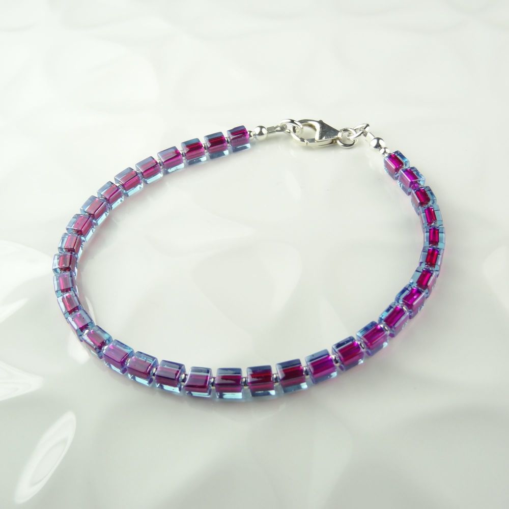 Sterling silver & Miyuki glass cube beaded bracelet with lobster clasp - blue/purple colour lined