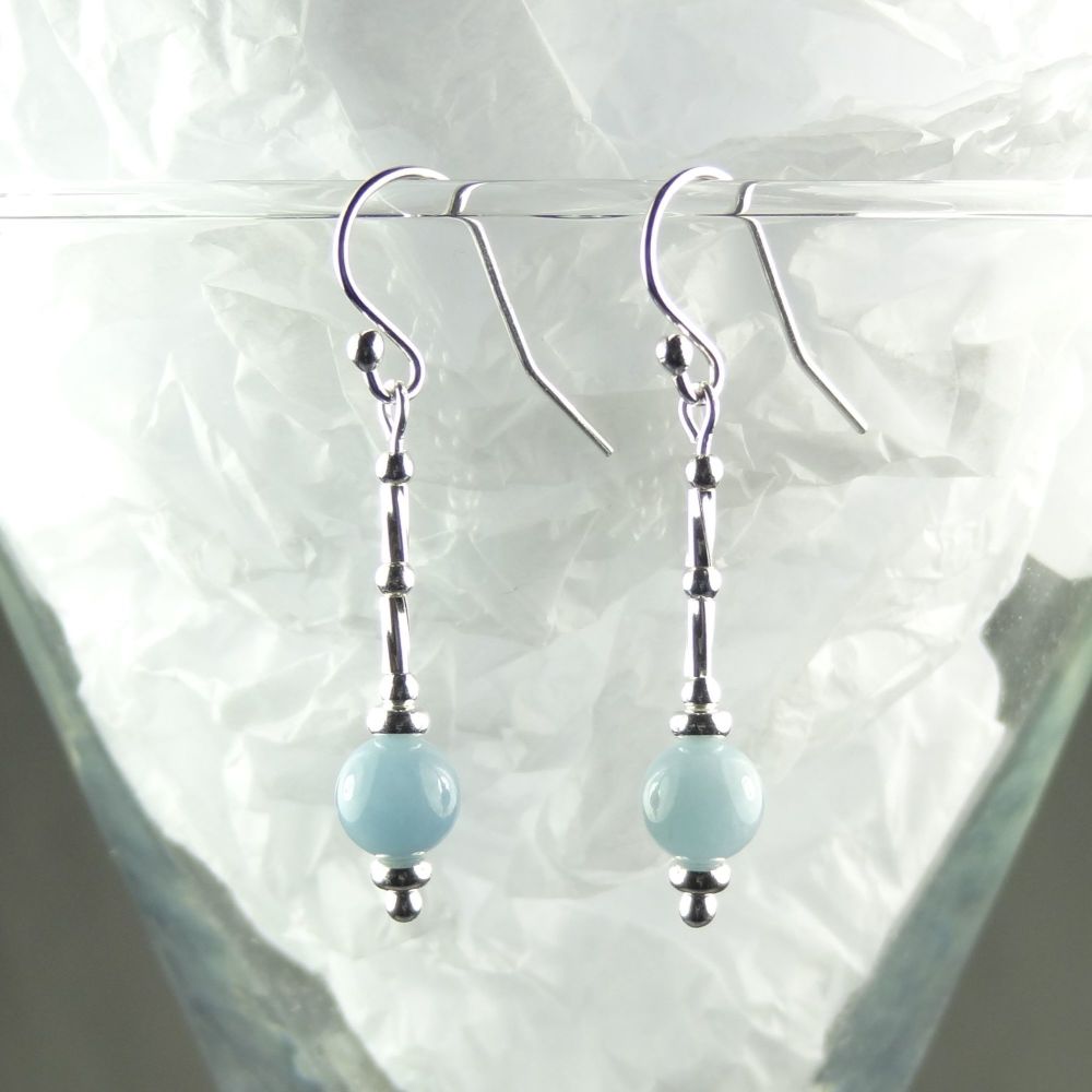 Sterling silver and 6mm (+/-) blue Aquamarine semi-precious stone drop/dangle earrings - March birthday birthstone (L)