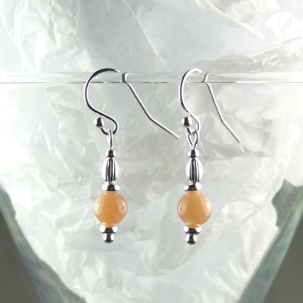 Sterling silver & 6mm (+/-) peach Moonstone semi-precious stone drop earrin