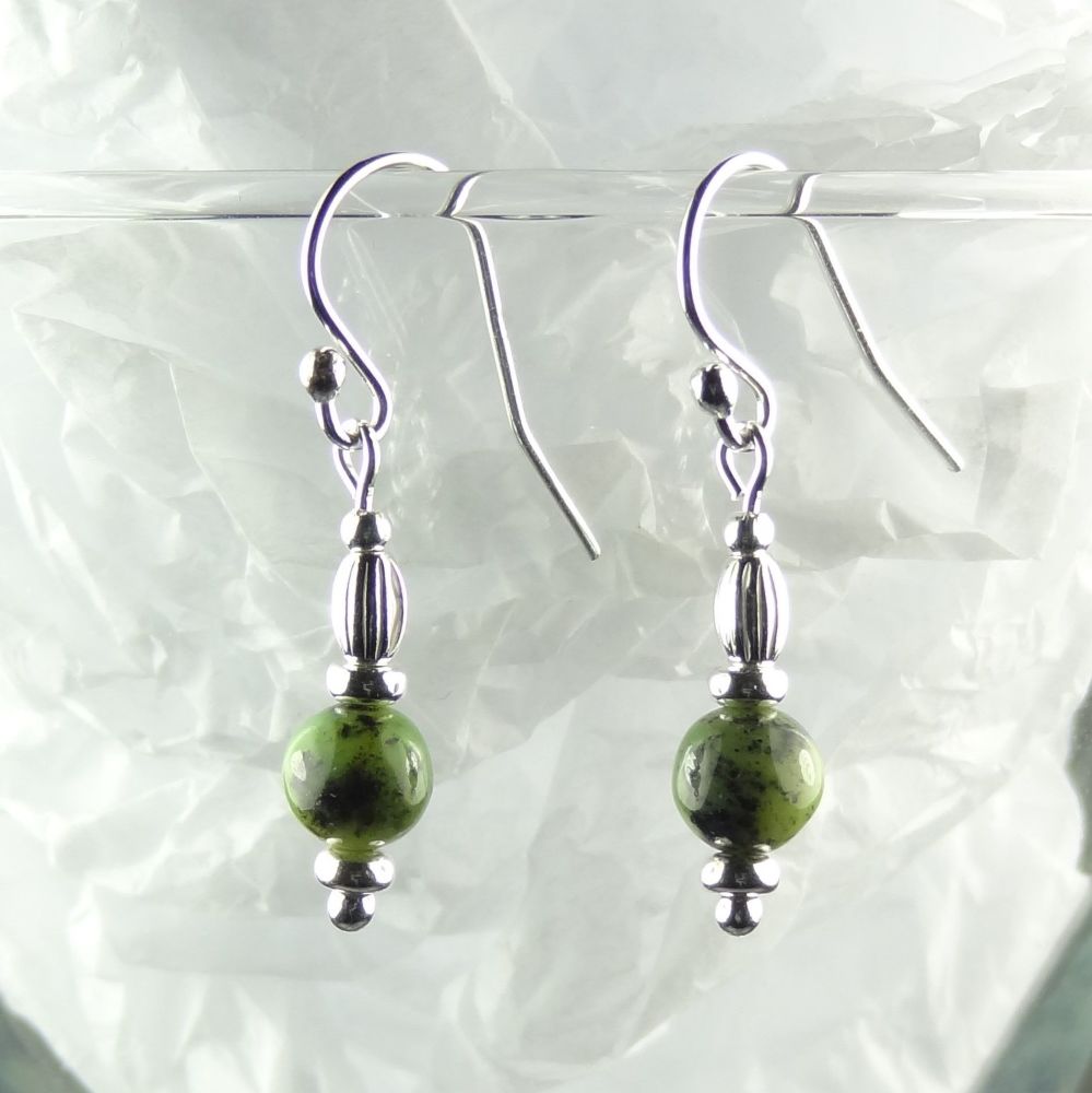 Sterling silver & 6mm (+/-) green and black Chrysoprase semi-precious stone drop earrings, in a gift box - May birthday birthstone (S)