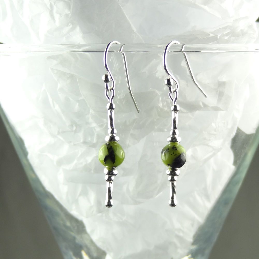 Sterling silver & 6mm (+/-) green and black Chrysoprase semi-precious stone drop earrings, in a gift box - May birthday birthstone (L)