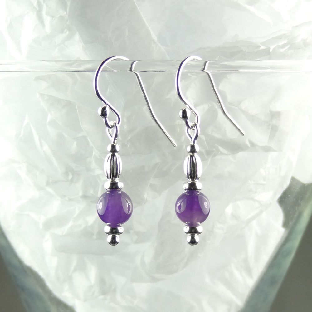 Sterling silver and 6mm (+/-) purple Amethyst semi-precious stone drop/dangle earrings - February birthday birthstone (S)