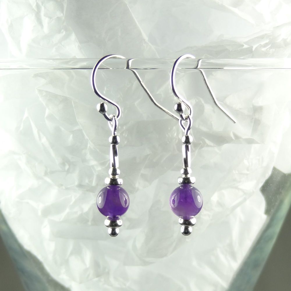 Sterling silver and 6mm (+/-) purple Amethyst semi-precious stone drop/dangle earrings - February birthday birthstone (M)