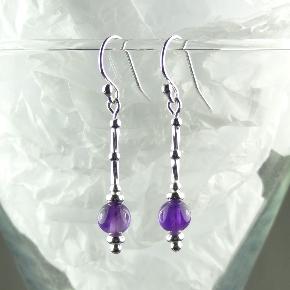Sterling silver and 6mm (+/-) purple Amethyst semi-precious stone drop/dangle earrings - February birthday birthstone (L)