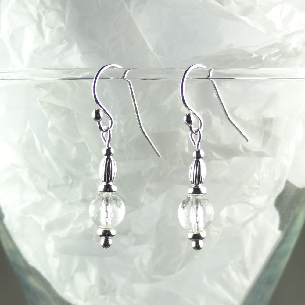 Sterling silver & 6mm (+/-) faceted colourless Rock Crystal semi-precious stone drop earrings, in a gift box - April birthday birthstone (S)