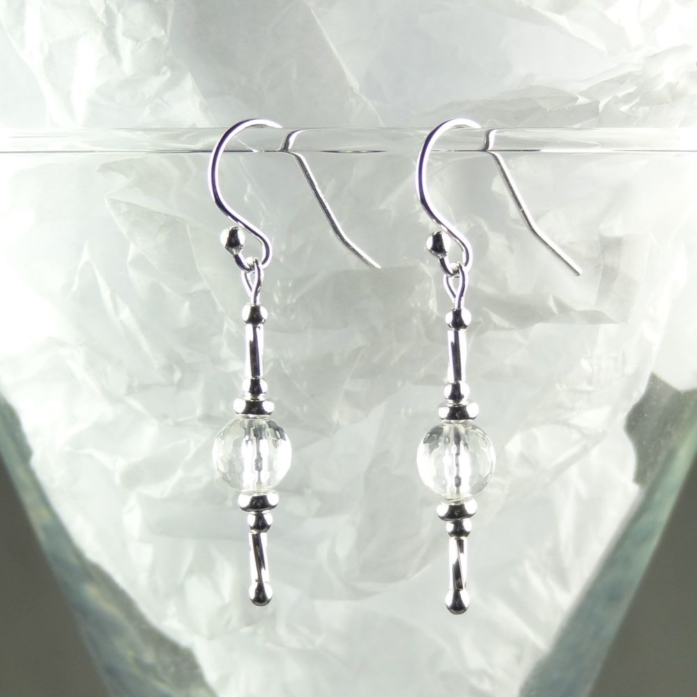 Sterling silver & 6mm (+/-) faceted colourless Rock Crystal semi-precious stone drop earrings, in a gift box - April birthday birthstone (L)