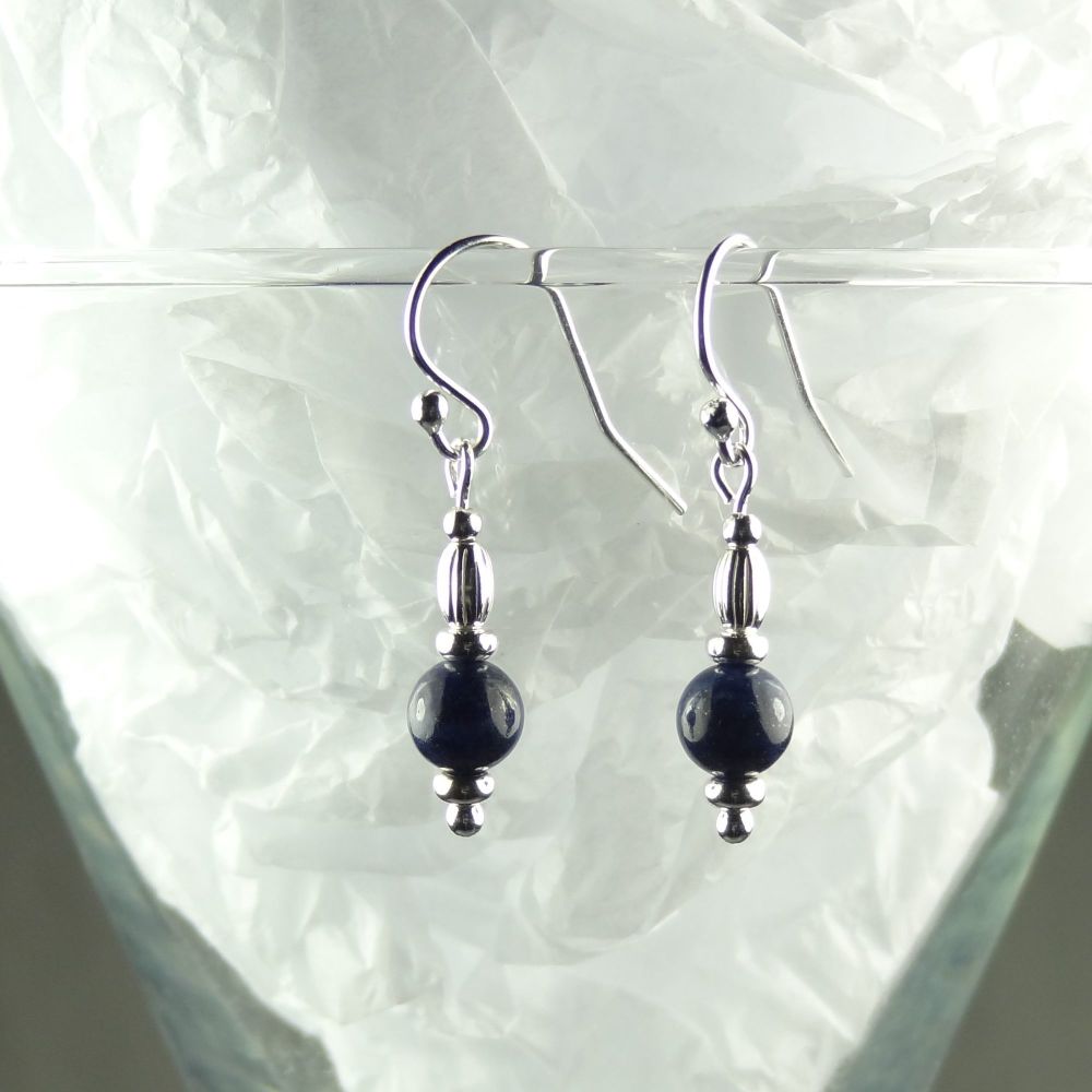 Sterling silver & 6mm (+/-) blue Lapis Lazuli semi-precious stone drop earrings, in a gift box - September birthday birthstone (S)