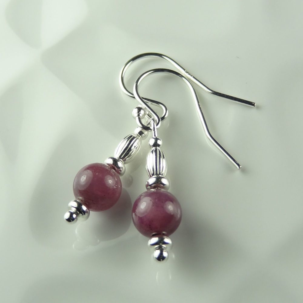 Sterling silver and 6mm (+/-) purple-ish pink Ruby semi-precious stone drop/dangle earrings - September birthday birthstone (S)