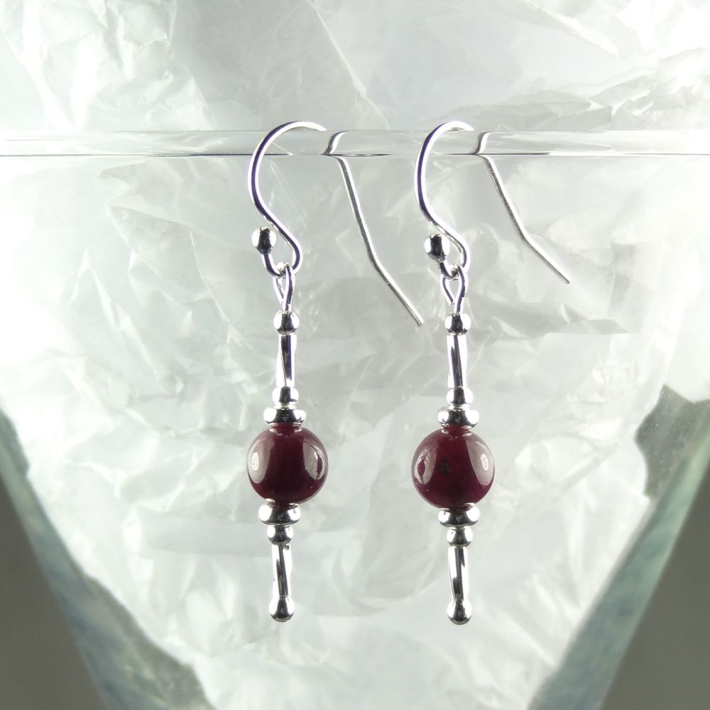 Sterling silver and 6mm (+/-) purple-ish pink Ruby semi-precious stone drop/dangle earrings - September birthday birthstone (L)