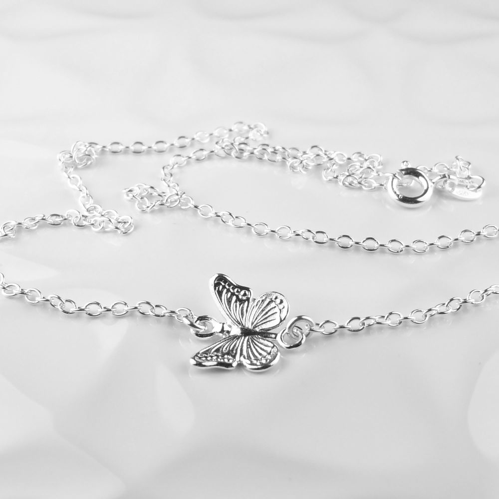 Sterling silver 13mm butterfly connector necklace, length 16.5 inches / 42 cm, in a gift box with silver polishing cloth