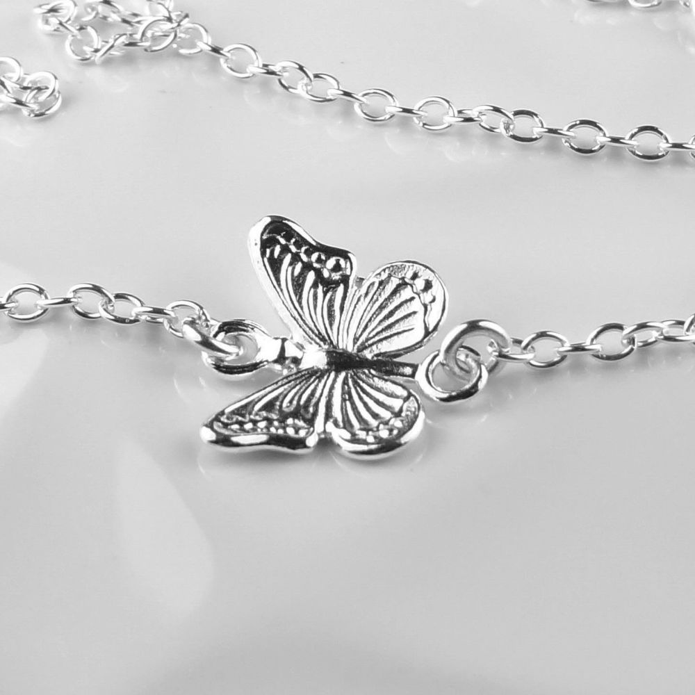 Sterling silver 13mm butterfly connector necklace, length 16.5 inches / 42 cm, in a gift box with silver polishing cloth