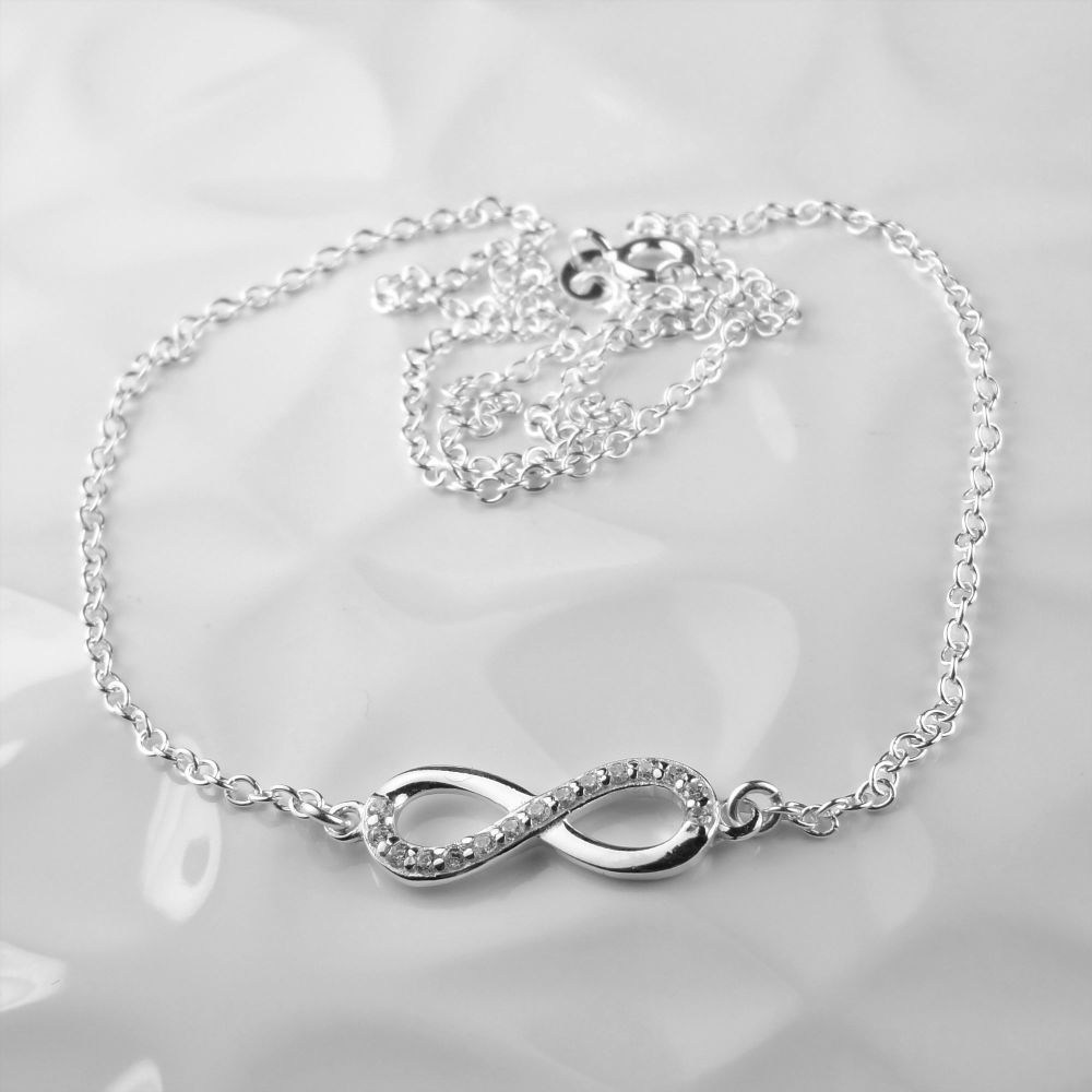 Sterling silver 20mm infinity knot with Cubic Zirconia connector necklace, length 19 inches / 48 cm, gift box, with silver polishing cloth