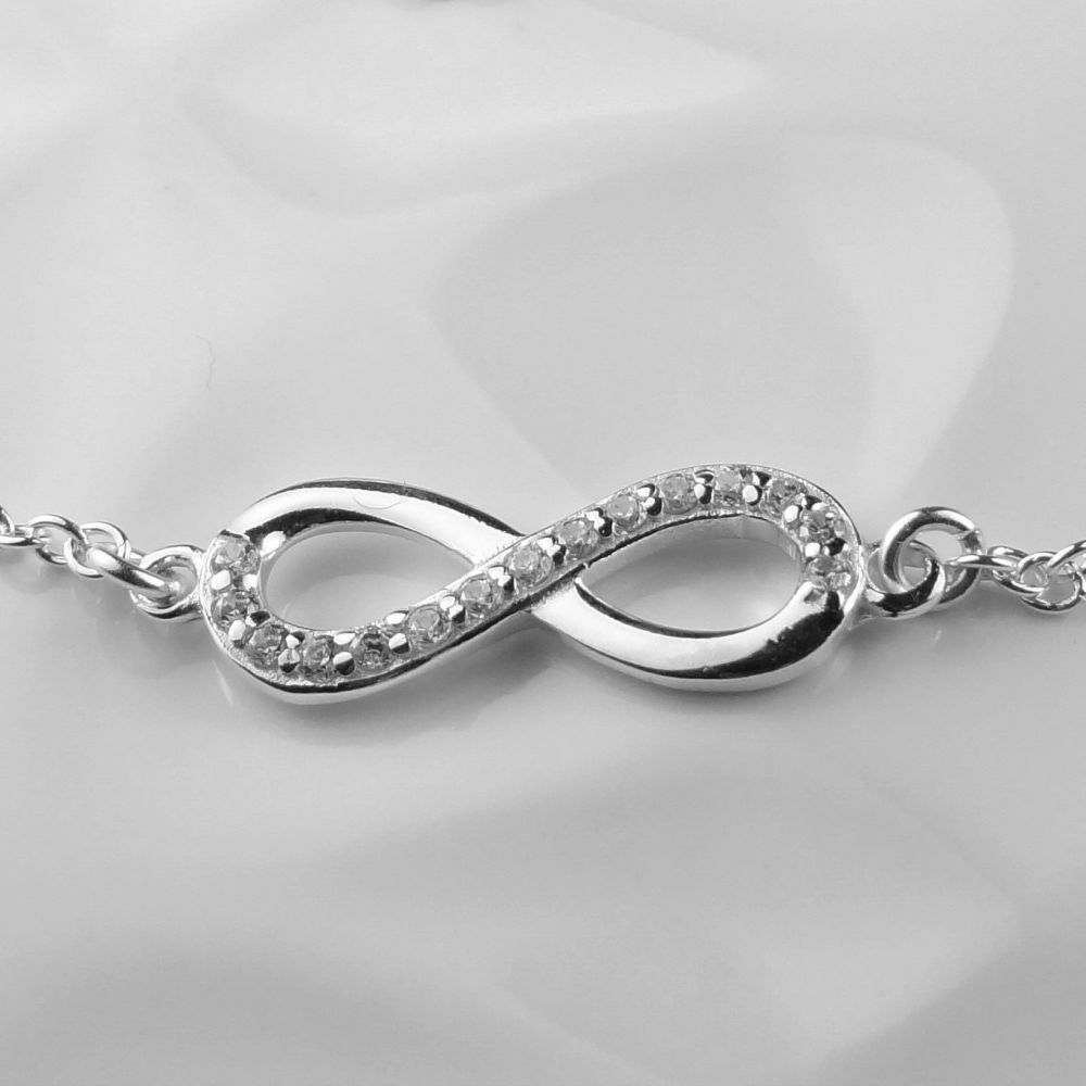 Sterling silver 20mm infinity knot with Cubic Zirconia connector necklace, length 19 inches / 48 cm, gift box, with silver polishing cloth