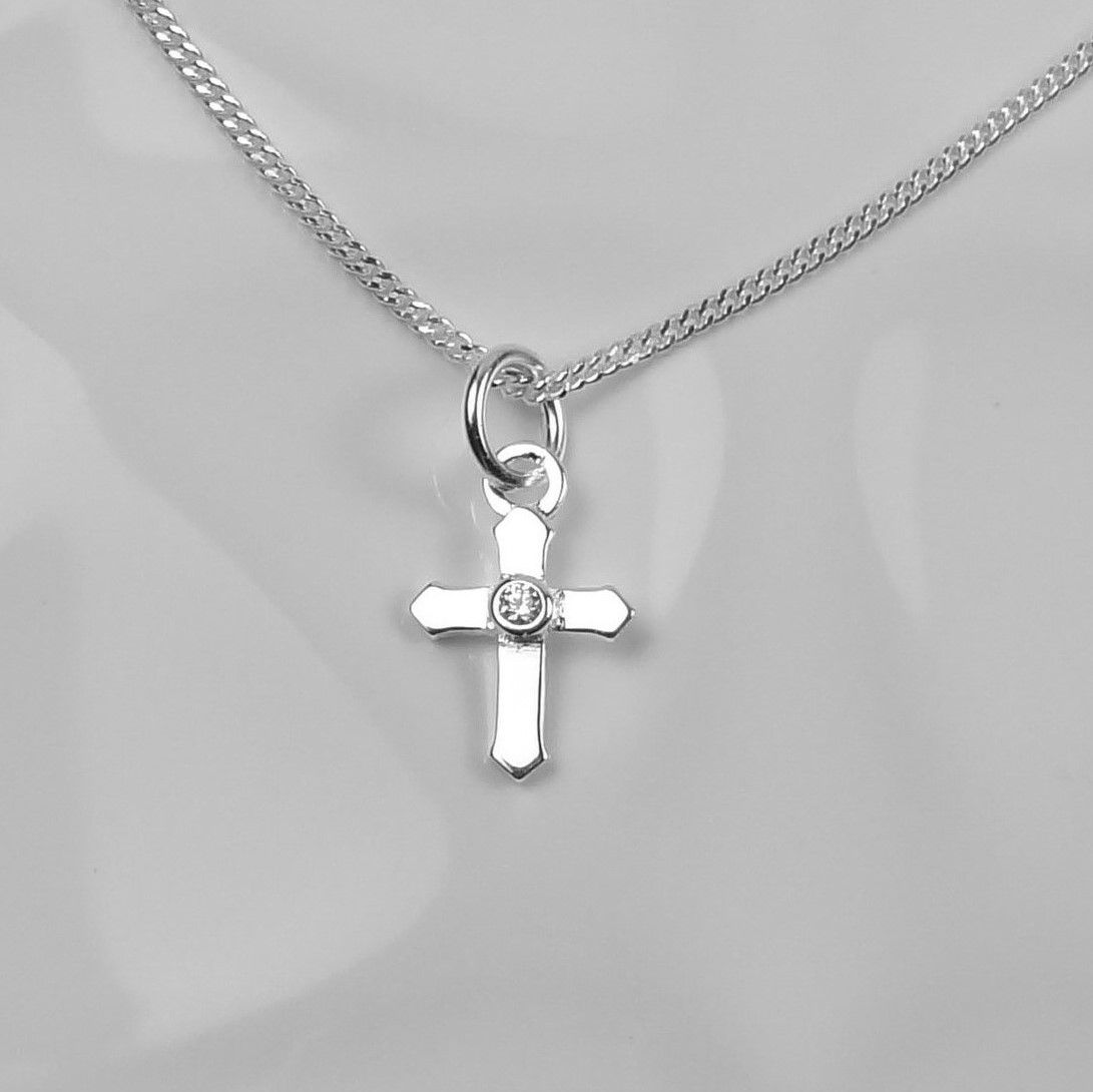 Dainty/small 7mm wide sterling silver cross with a colourless Cubic Zirconia stone in the middle necklace in a gift box, with polish tissues