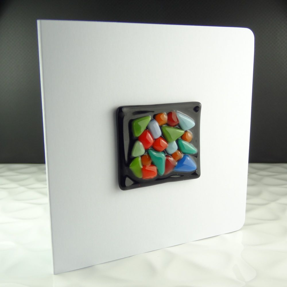 Handmade fused glass art greeting card, any occasion, birthday ~ multi-coloured ~ 4x4 inch card, 1.5 inch (+/-) glass (#130)