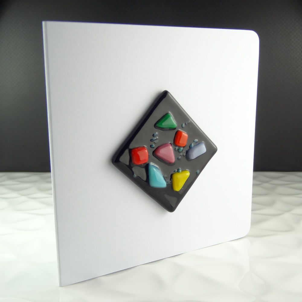 Handmade fused glass art greeting card, any occasion, birthday ~ multi-coloured ~ 4x4 inch card, 1.5 inch (+/-) glass (#63)