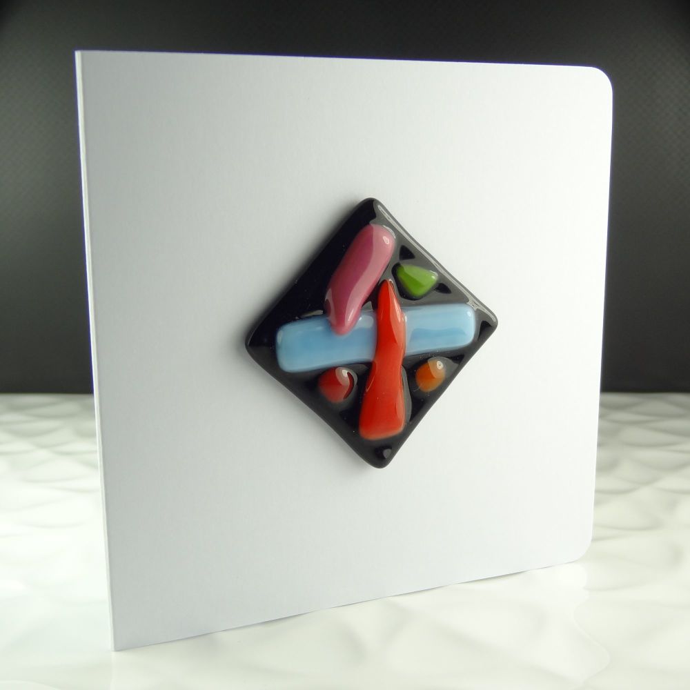 Handmade fused glass art greeting card, any occasion, birthday ~ multi-coloured ~ 4x4 inch card, 1.5 inch (+/-) glass (#121)