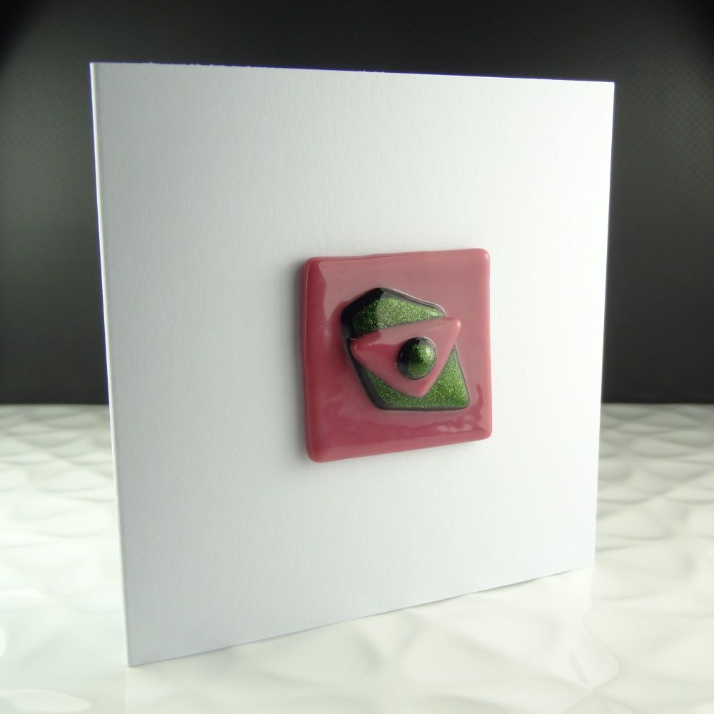 Handmade fused glass art greeting card, any occasion ~ pink & green, abstract, textured ~ 4x4 inch card, 1.5 inch (+/-) glass (#32)