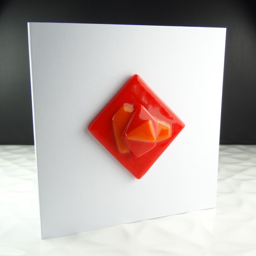 Handmade fused glass art greeting card, any occasion red orange abstract