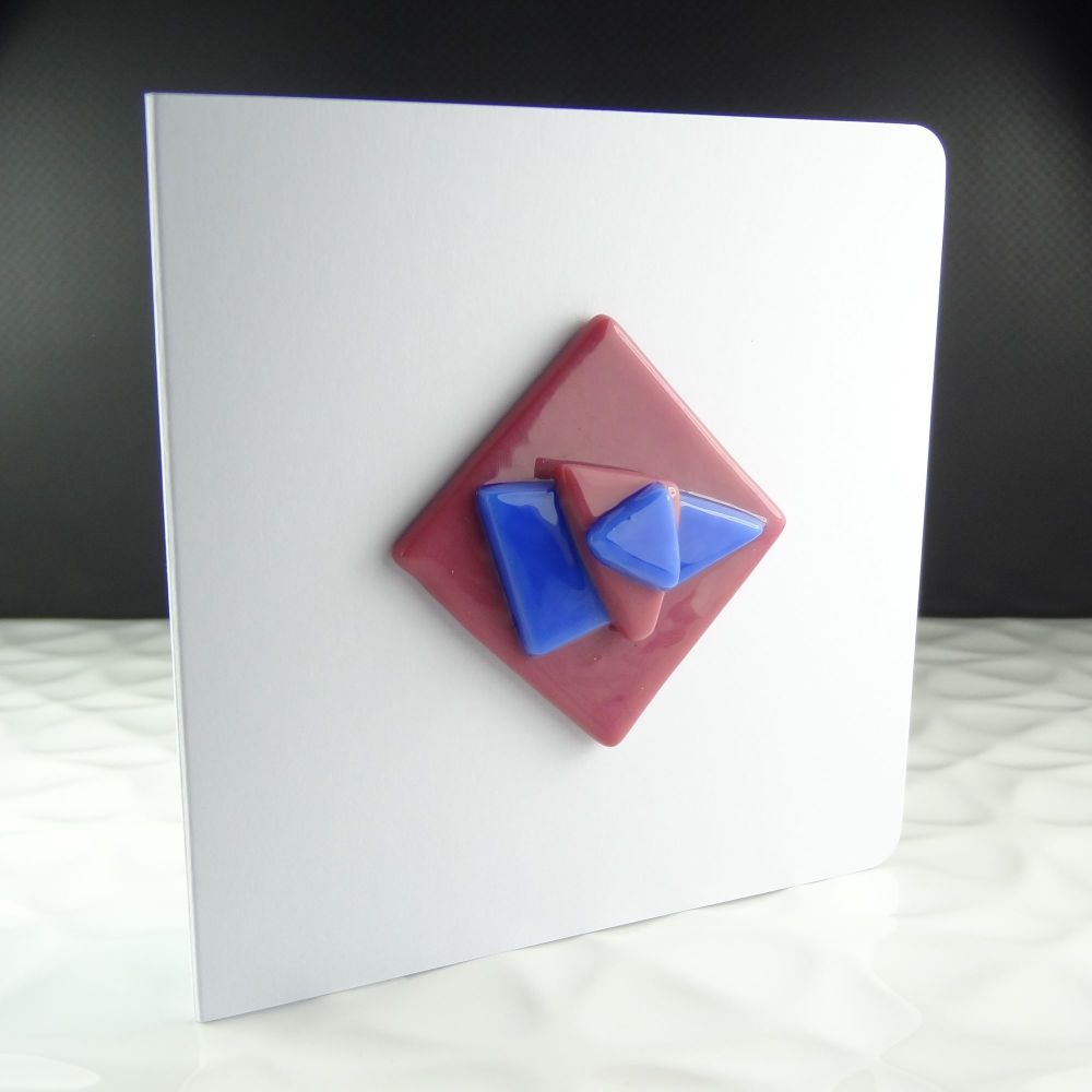 Handmade fused glass art greeting card, any occasion ~ pink & blue, abstract, textured ~ 4x4 inch card, 1.5 inch (+/-) glass (#317)
