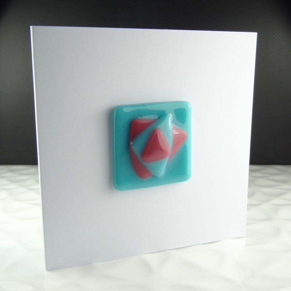 Handmade fused glass art greeting card, any occasion ~ blue & pink, abstract, textured ~ 4x4 inch card, 1.5 inch (+/-) glass (#29)