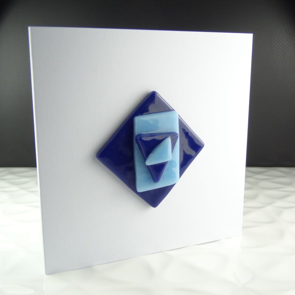 Blue handmade fused glass art greeting card any occasion abstract textured