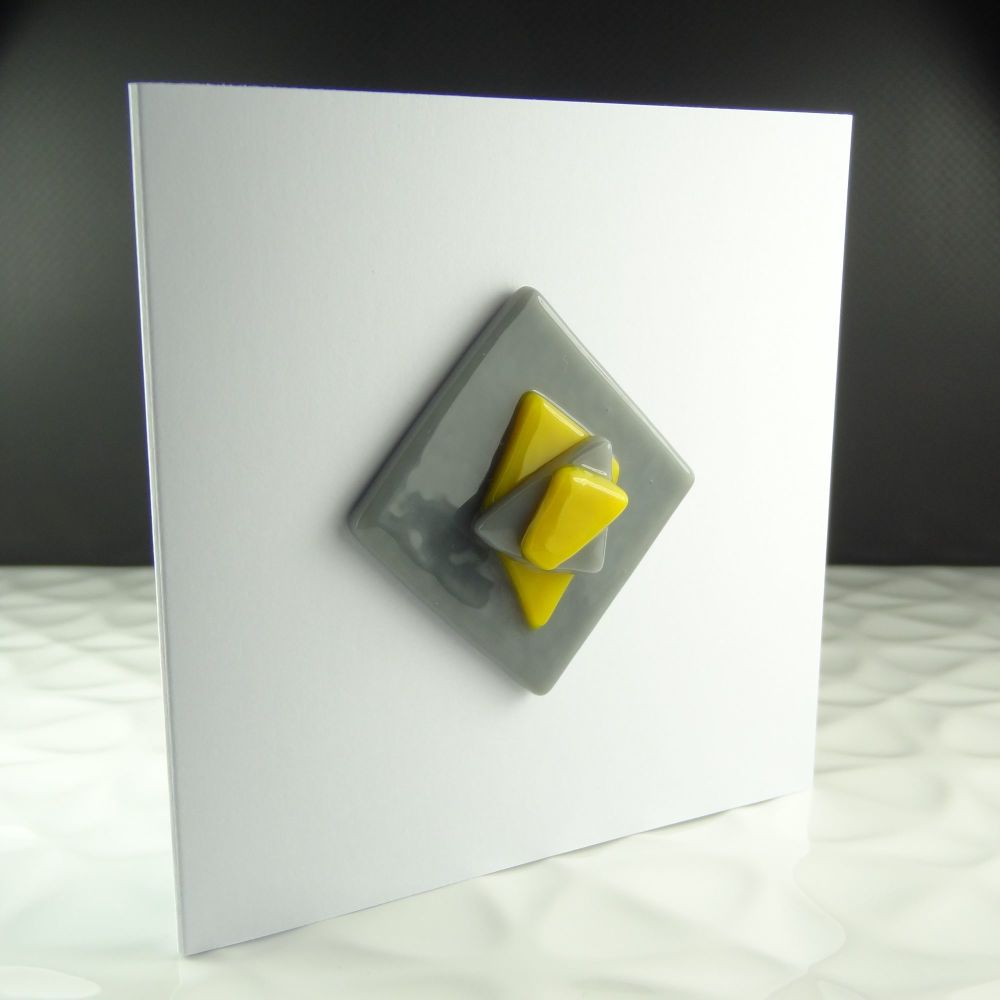 Handmade fused glass art greeting card, any occasion ~ grey & yellow, abstract, textured ~ 4x4 inch card, 1.5 inch (+/-) glass (#219)