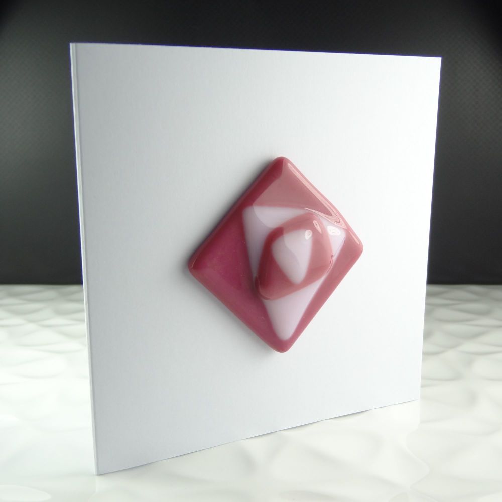 Handmade fused glass art greeting card, any occasion ~ pink, abstract, textured ~ 4x4 inch card, 1.5 inch (+/-) glass (#112)