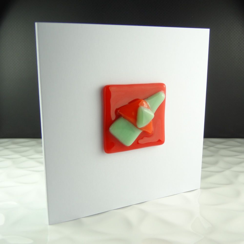 Handmade fused glass art greeting card any occasion red & green abstract