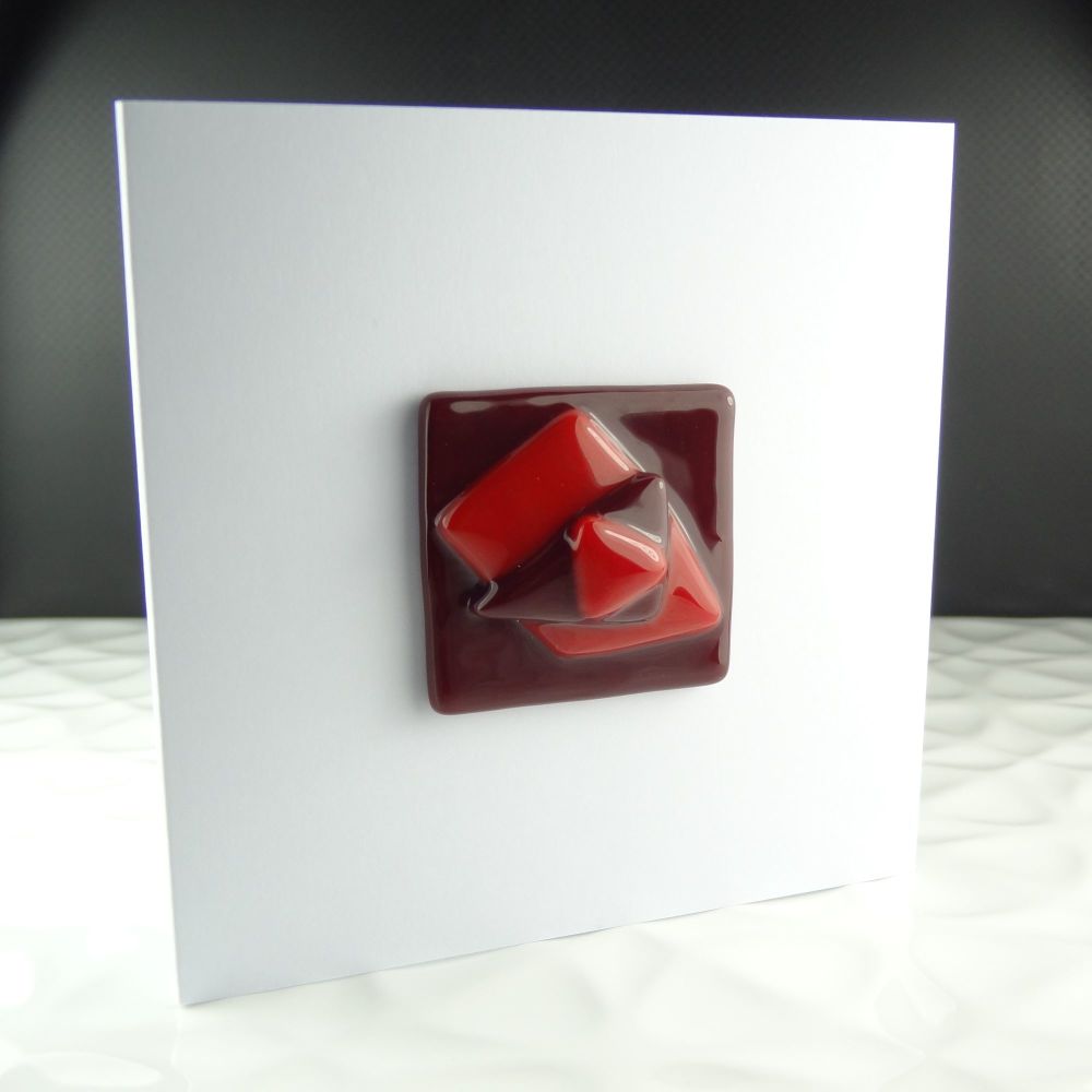 Handmade fused glass art greeting card, any occasion ~ red, abstract, textured ~ 4x4 inch card, 1.5 inch (+/-) glass (#356)