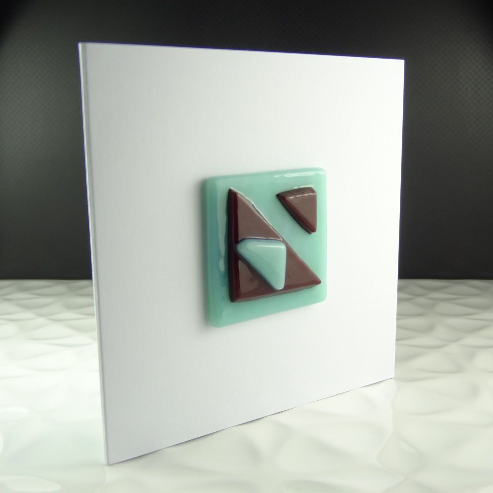 Handmade fused glass art greeting card any occasion burgundy green abstract