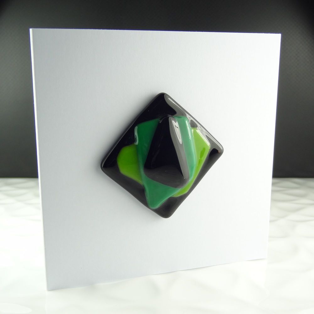 Handmade fused glass art greeting card any occasion green & black abstract