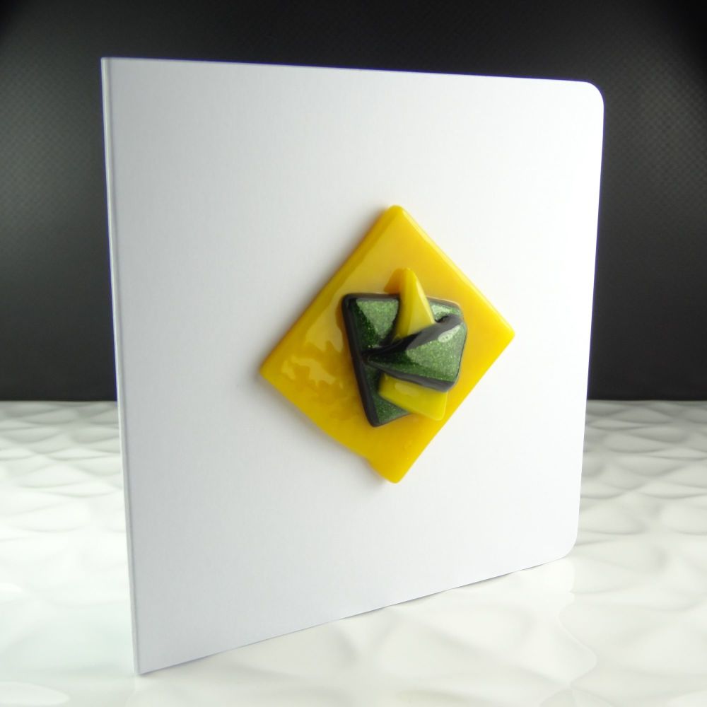 Handmade fused glass art greeting card any occasion yellow & sparkly green