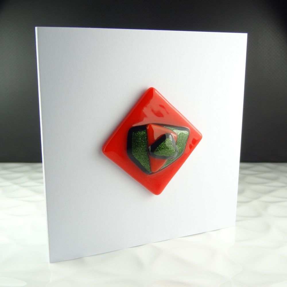 Handmade fused glass art greeting card, any occasion ~ red & sparkly green