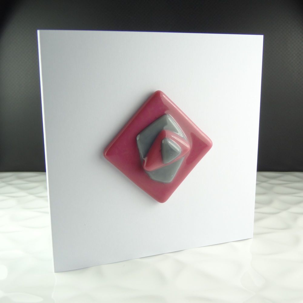 Handmade fused glass art greeting card any occasion pink & grey abstract