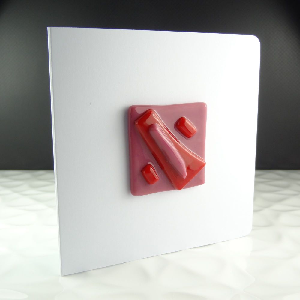 Handmade fused glass art greeting card, any occasion ~ pink & red, abstract