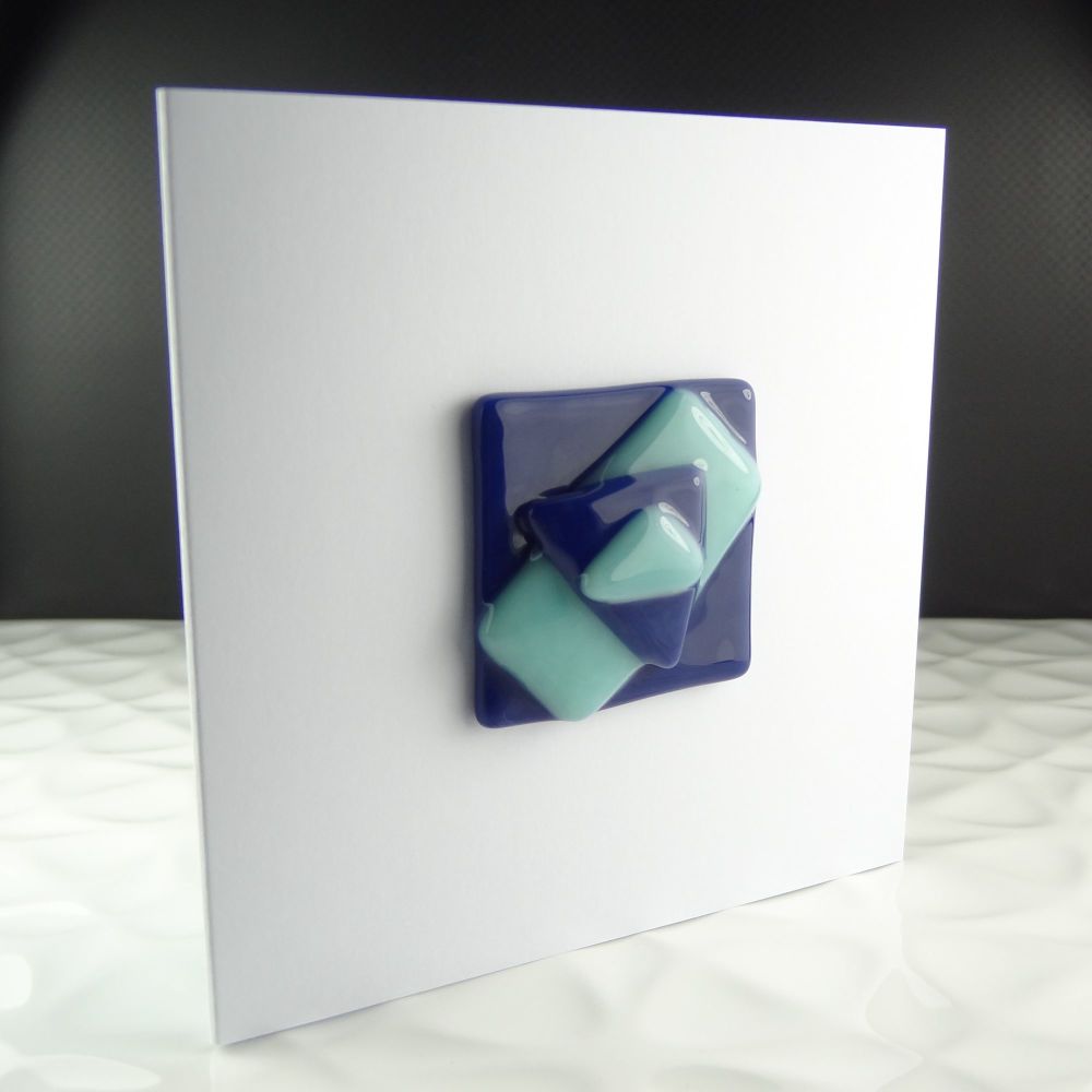 Handmade fused glass art greeting card any occasion blue abstract textured