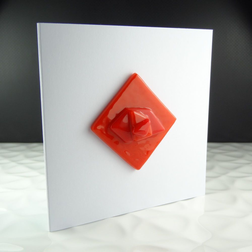 Handmade fused glass art greeting card, any occasion ~ red, abstract, textured ~ 4x4 inch card, 1.5 inch (+/-) glass (#31)