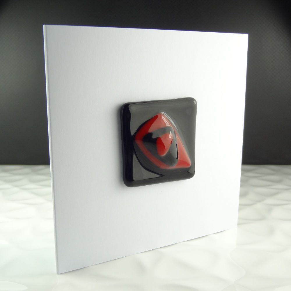 Handmade fused glass art greeting card any occasion red & black abstract