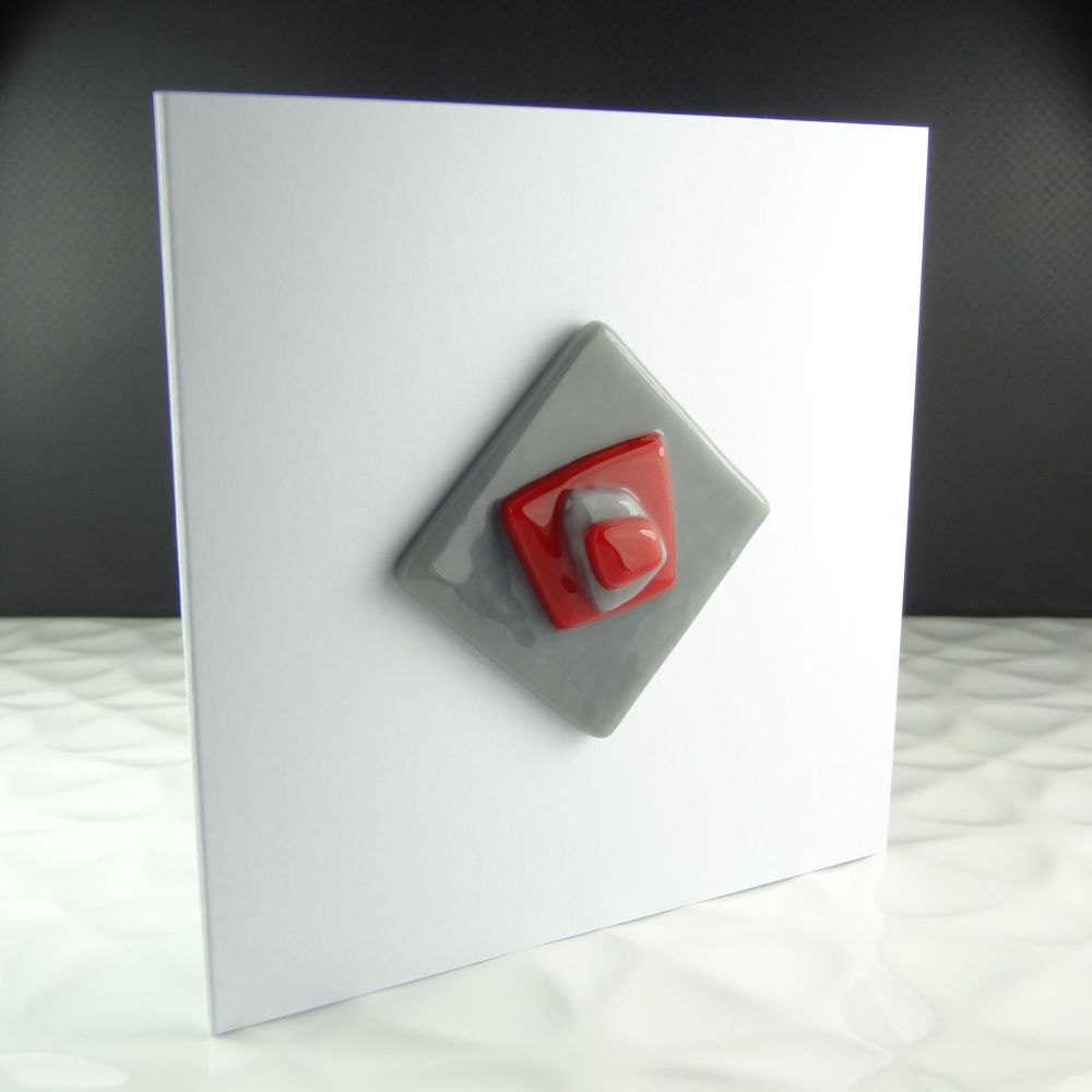 Handmade fused glass art greeting card, any occasion ~ red & grey, abstract, textured ~ 4x4 inch card, 1.5 inch (+/-) glass (#36)