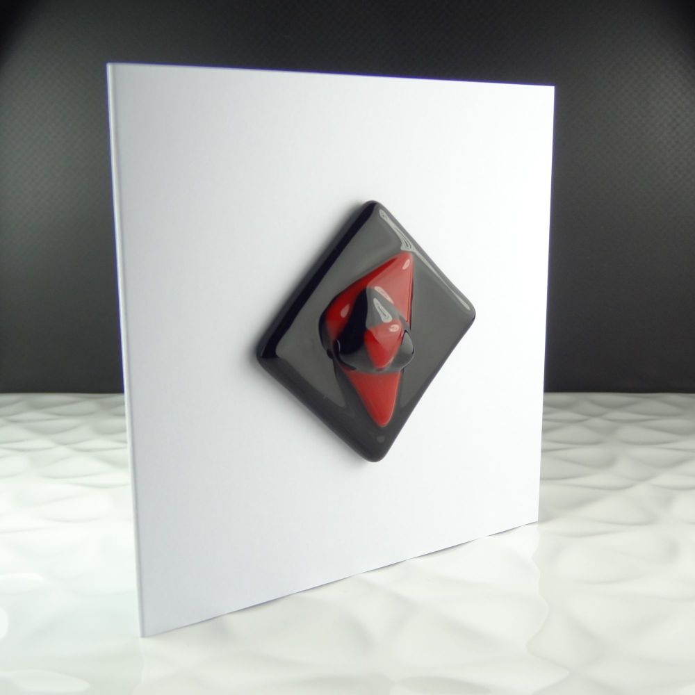 Handmade fused glass art greeting card, any occasion ~ red & black, abstract, textured ~ 4x4 inch card, 1.5 inch (+/-) glass (#37)