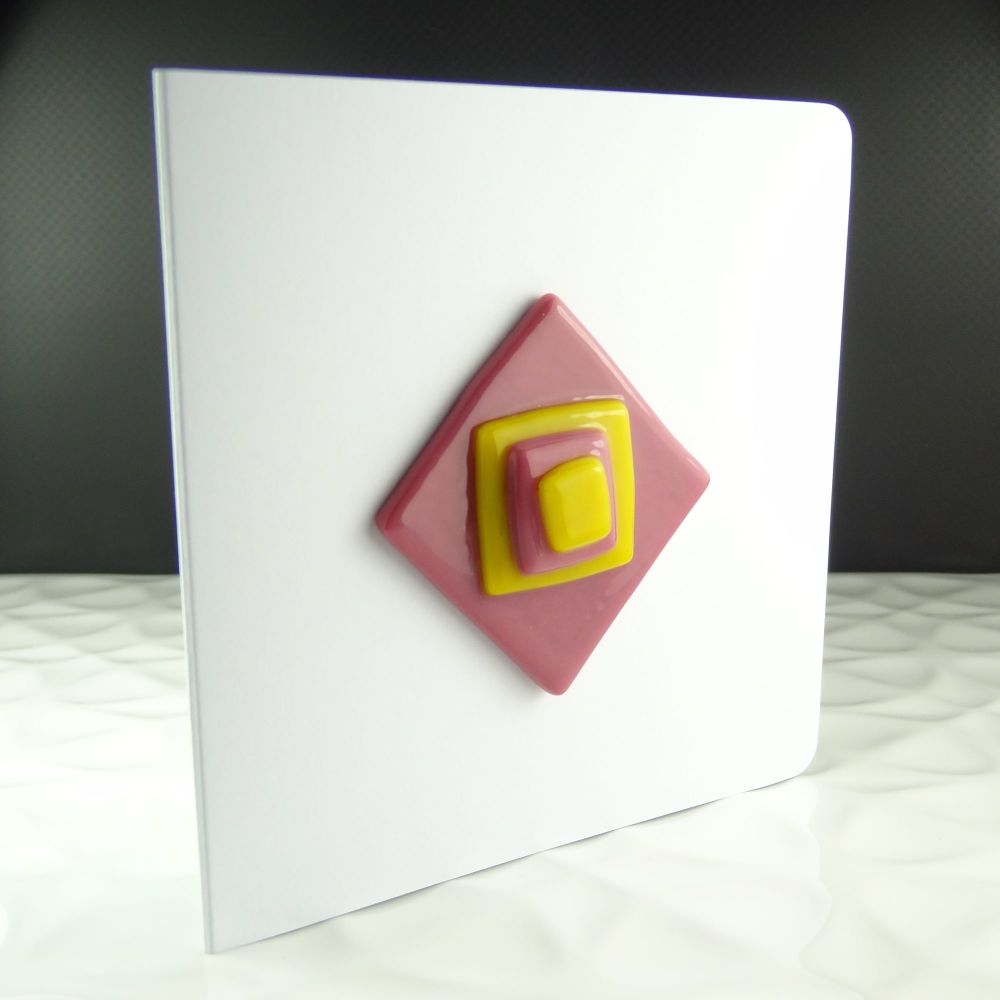 Handmade fused glass art greeting card any occasion pink & yellow abstract