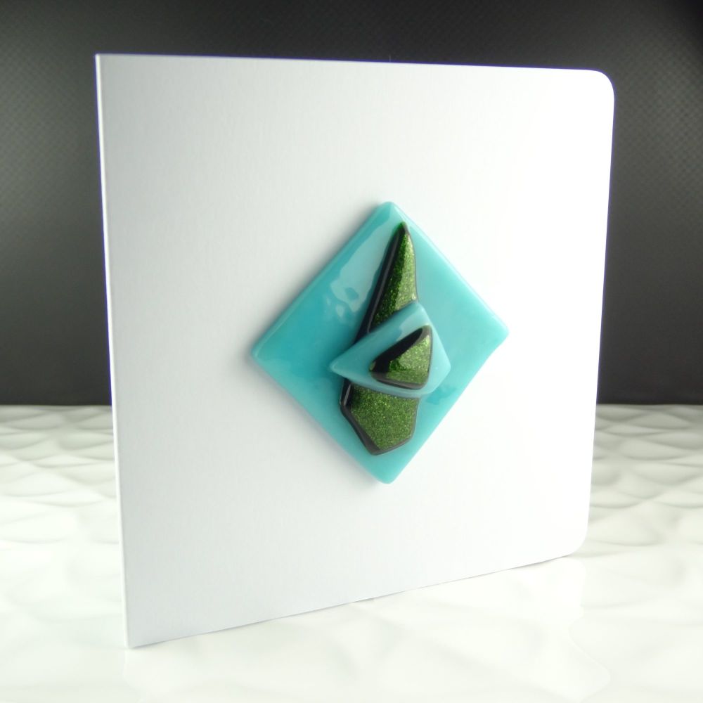 Handmade fused glass art greeting card, any occasion ~ turquoise & sparkly green, abstract, textured ~ 4x4 inch card, 1.5 inch (+/-) glass (152)